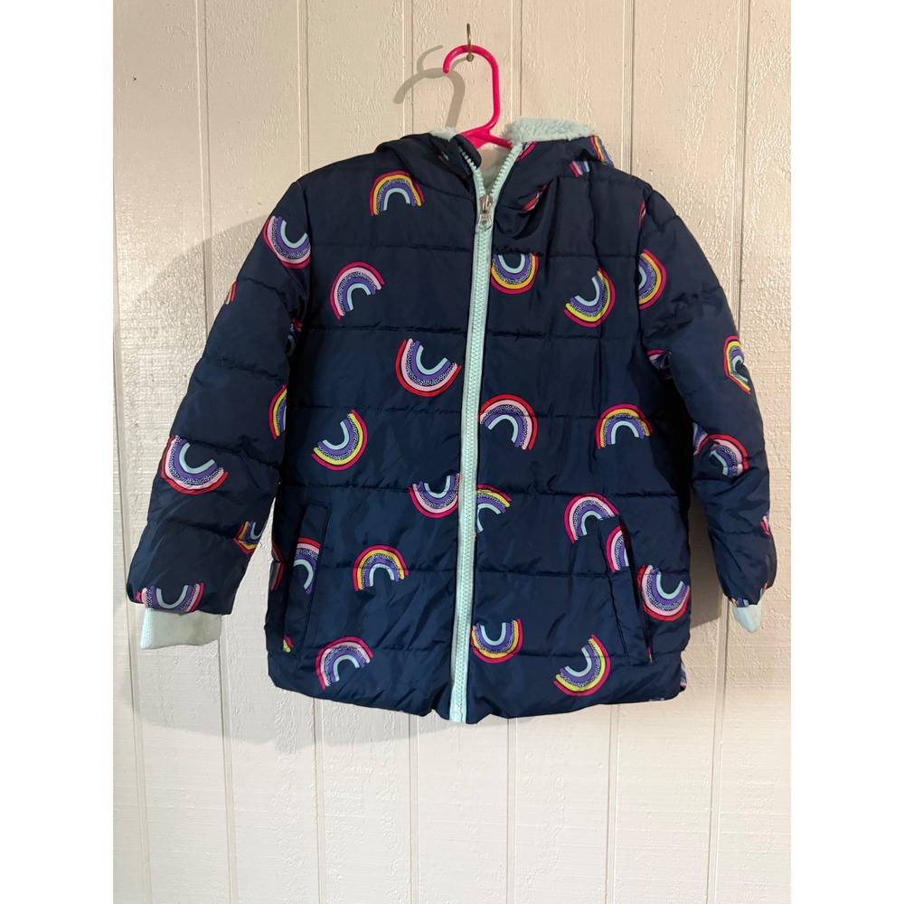 Swiss Tech Girls Navy Blue Rainbow Print Hooded Puffer Jacket Fleece Lined 4T